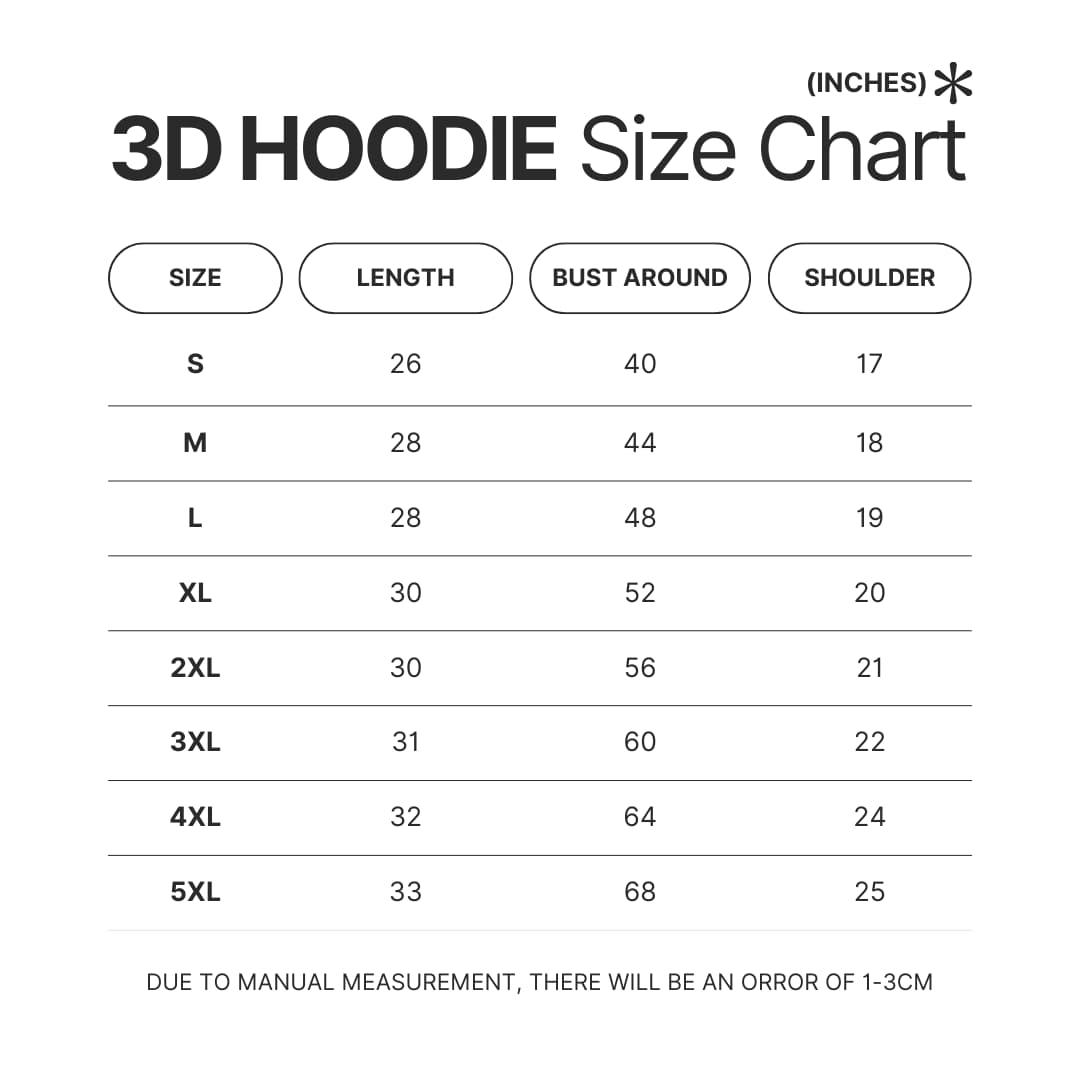 3D Hoodie Size Chart - Demon Slayer UK Shop