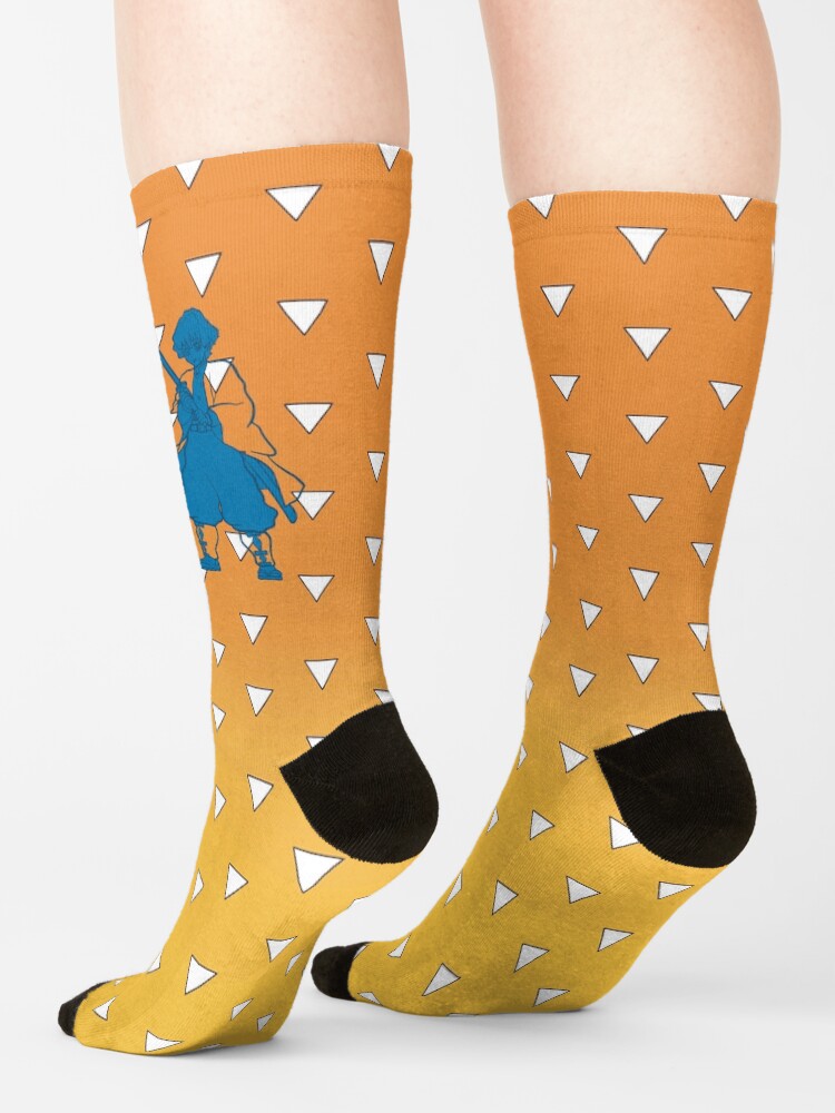 Zenitsu Line Art Transparent Jacket And Boots On Ombr%C3%A9 Orange And Yellow Triangle Background Socks - Image 2