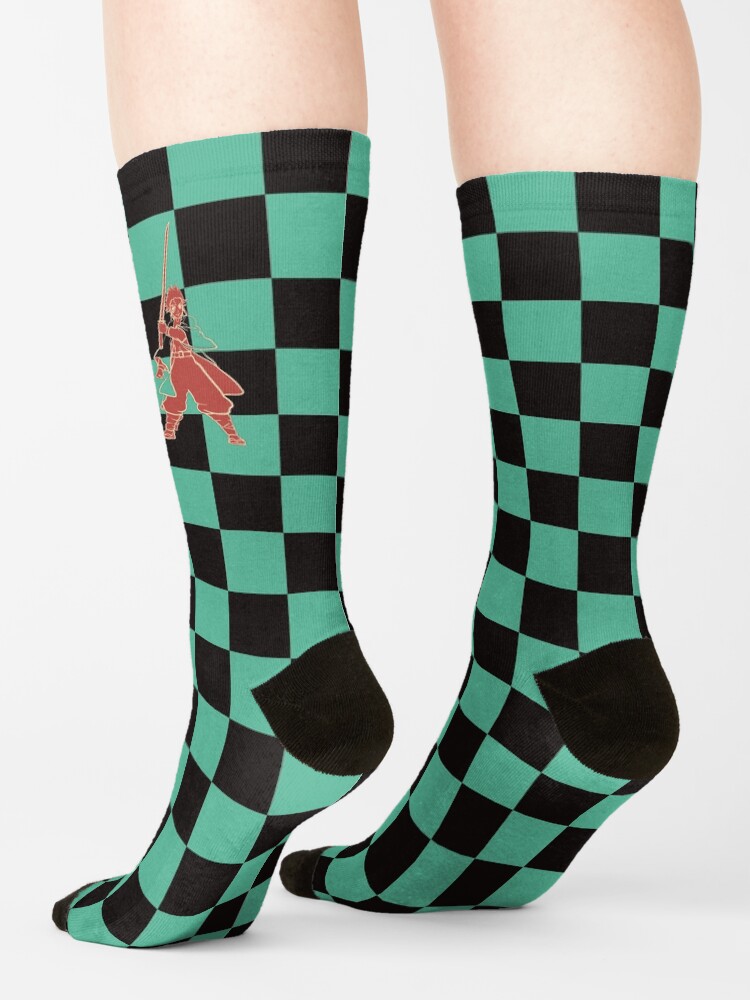 Tanjiro Fiery Line Art Transparent Jacket On Green And Black Checkerboard Pattern Socks - Image 2