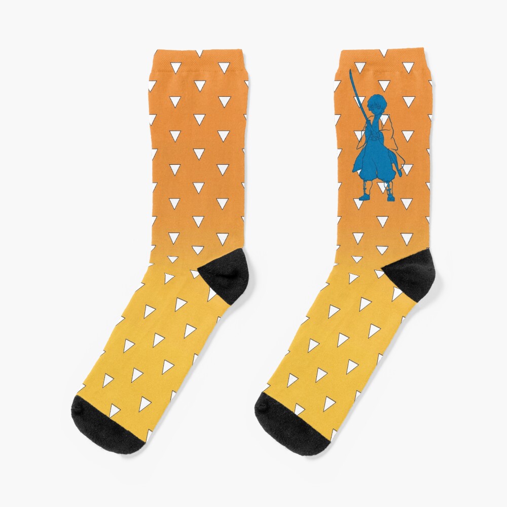 Zenitsu Line Art Transparent Jacket And Boots On Ombr%C3%A9 Orange And Yellow Triangle Background Socks