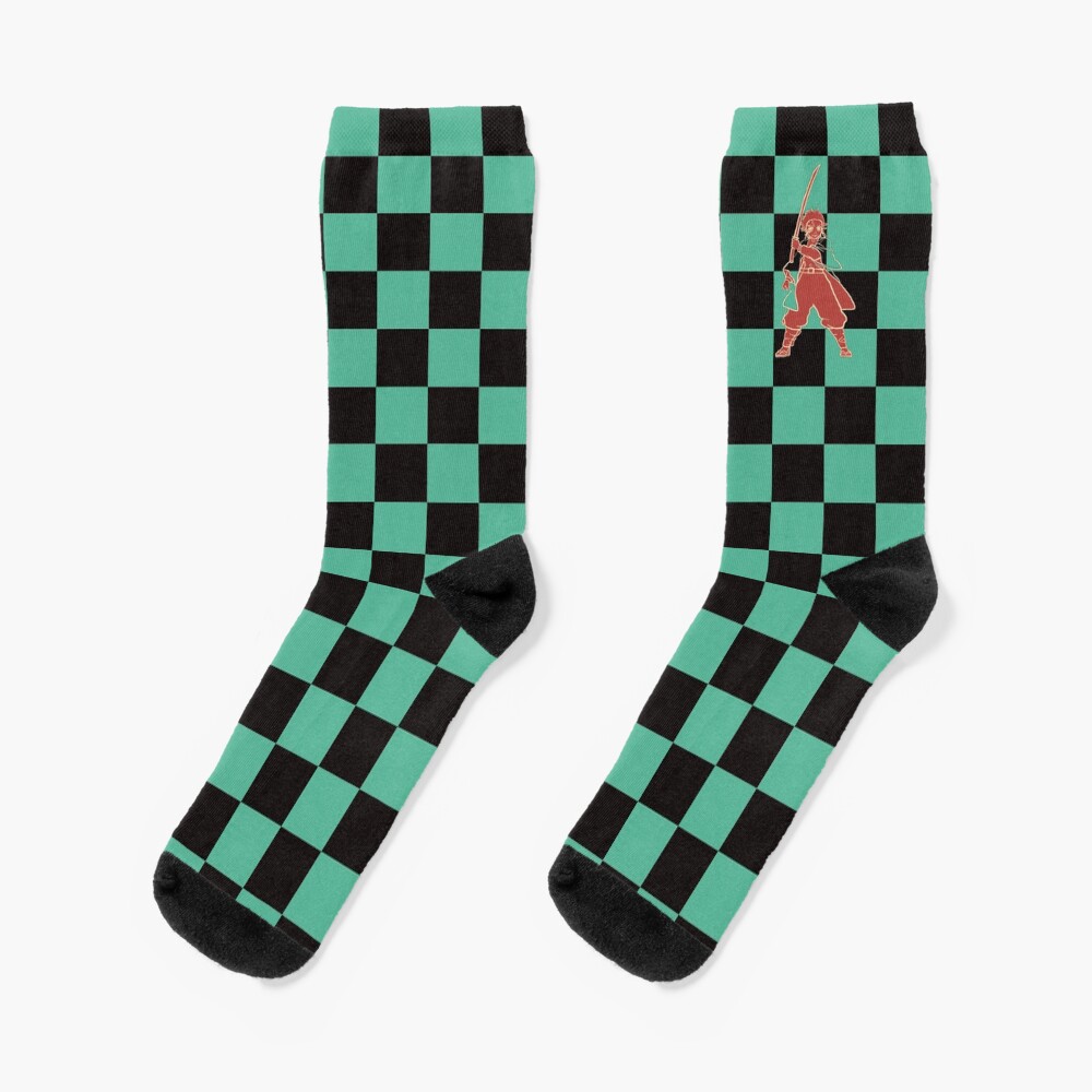 Tanjiro Fiery Line Art Transparent Jacket On Green And Black Checkerboard Pattern Socks